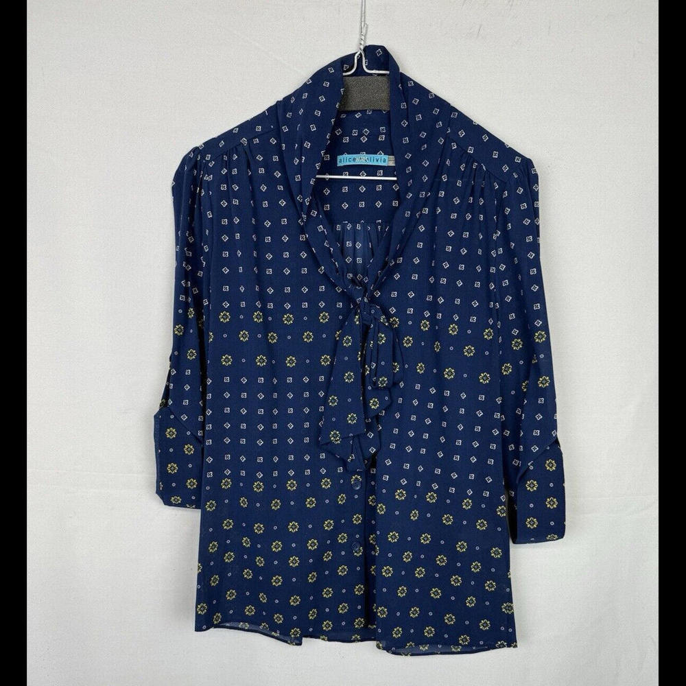 Alice Olivia Bowtie 3/4 Sleeve Button-Up Blouse Blue Size XS